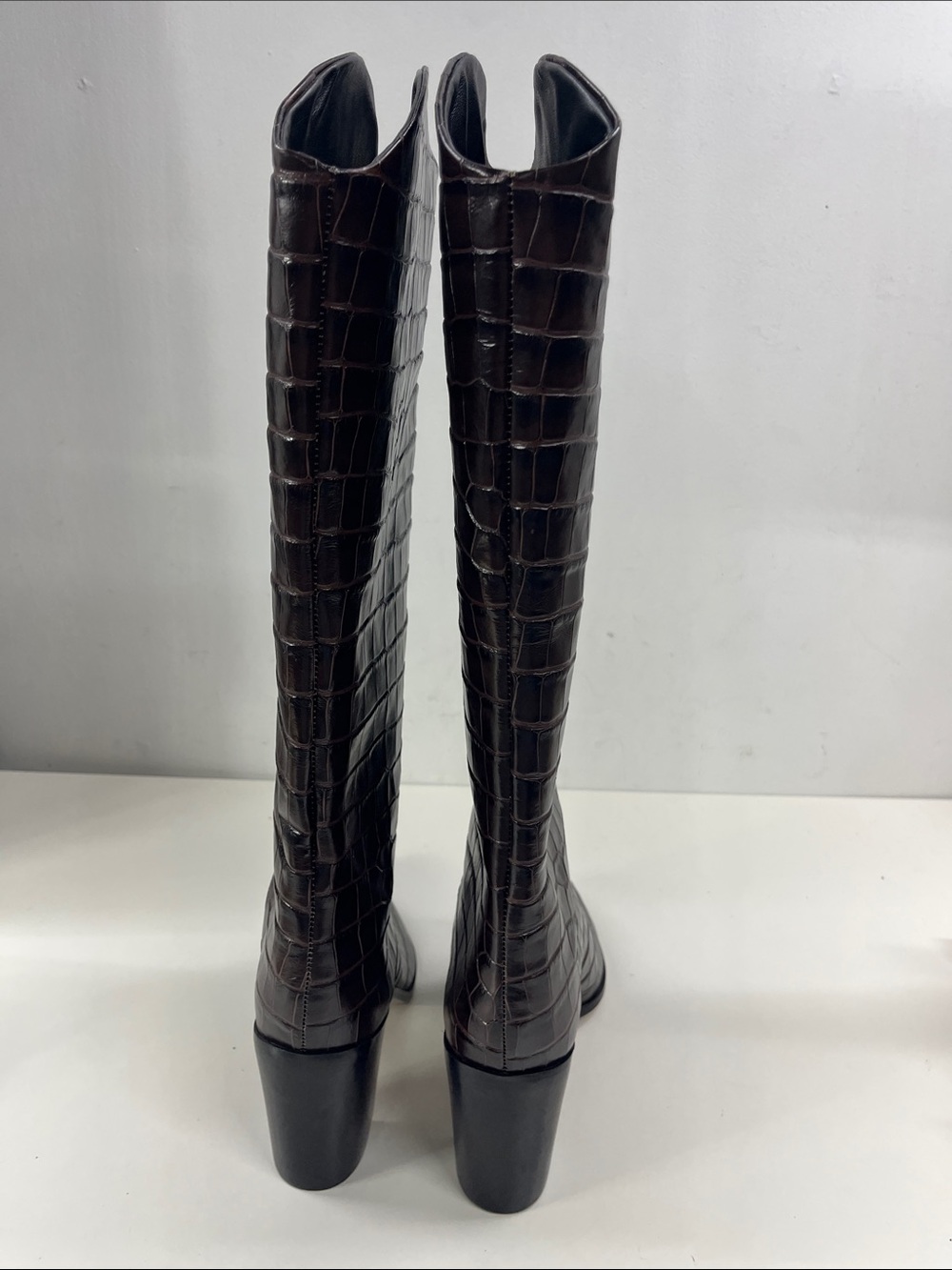 New Schutz Analeah Chocolate Brown Croc-Embossed Boots Size 10 - Picture 5 of 7